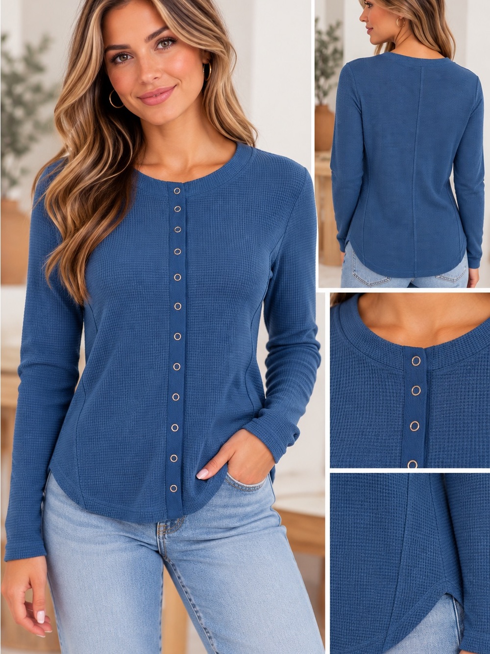 Zenana Outfitters Dusty Blue Snap-Front Long Sleeve Top